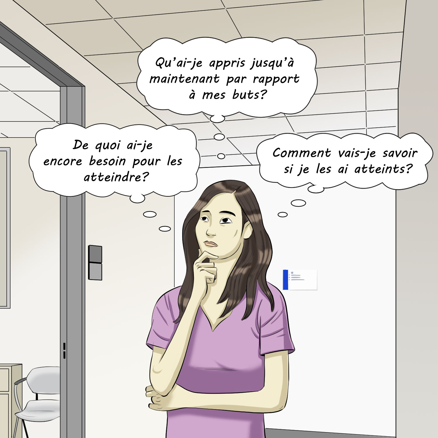 Une stagiaire main sous le menton se questionne sur ses apprentissages.